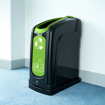 nexus 50 mixed recycling bin against a white wall in a corridor