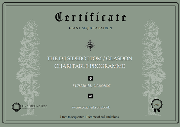 D J Sidebottom / Glasdon Charitable Programme Sequoia Patron Certificate