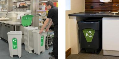 Green food waste graphic on a Nexus Shuttle Catering Bin and Nexus Caddy Catering Bin