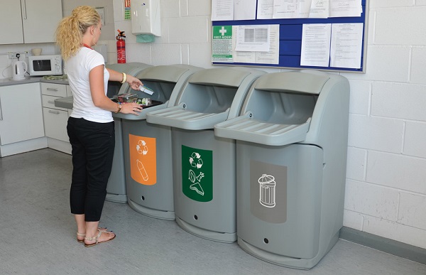 Combo with tray shelf bins together to form a recycling station in the workplace