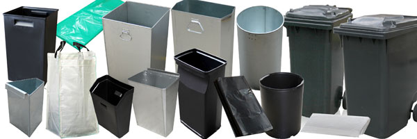 Montage of different coloured and sized sacks, liners and wheelie bins.
