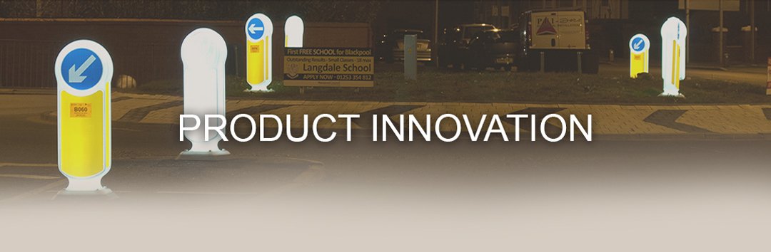 product innovation banner with rebound signmaster bollard on road in background